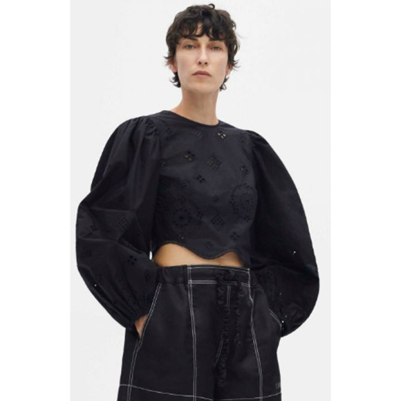Ganni Tops - Ganni Broderie Anglaise Cropped Balloon Sleeve Top Black Summer Eyelet Lace